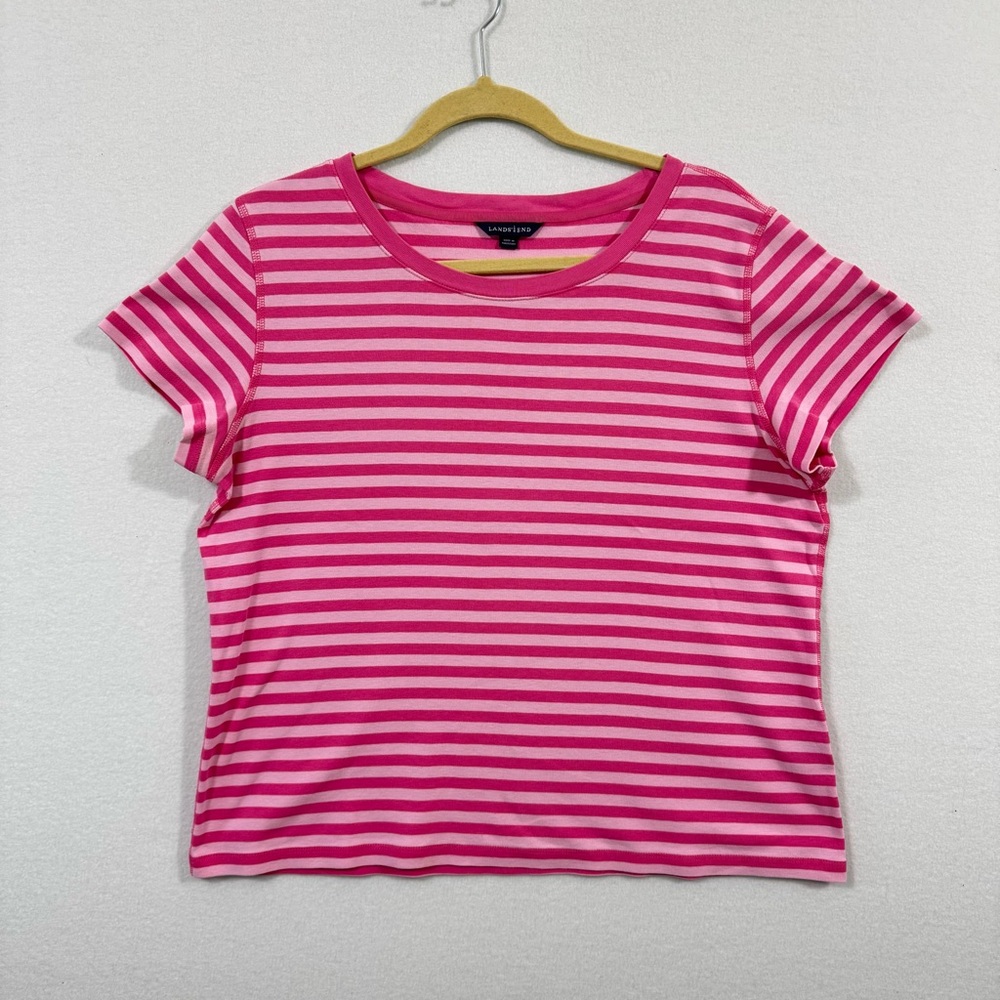 Lands End Scoop Neck Blush Pink and Darker Pink Stripe  T Shirt Size XL